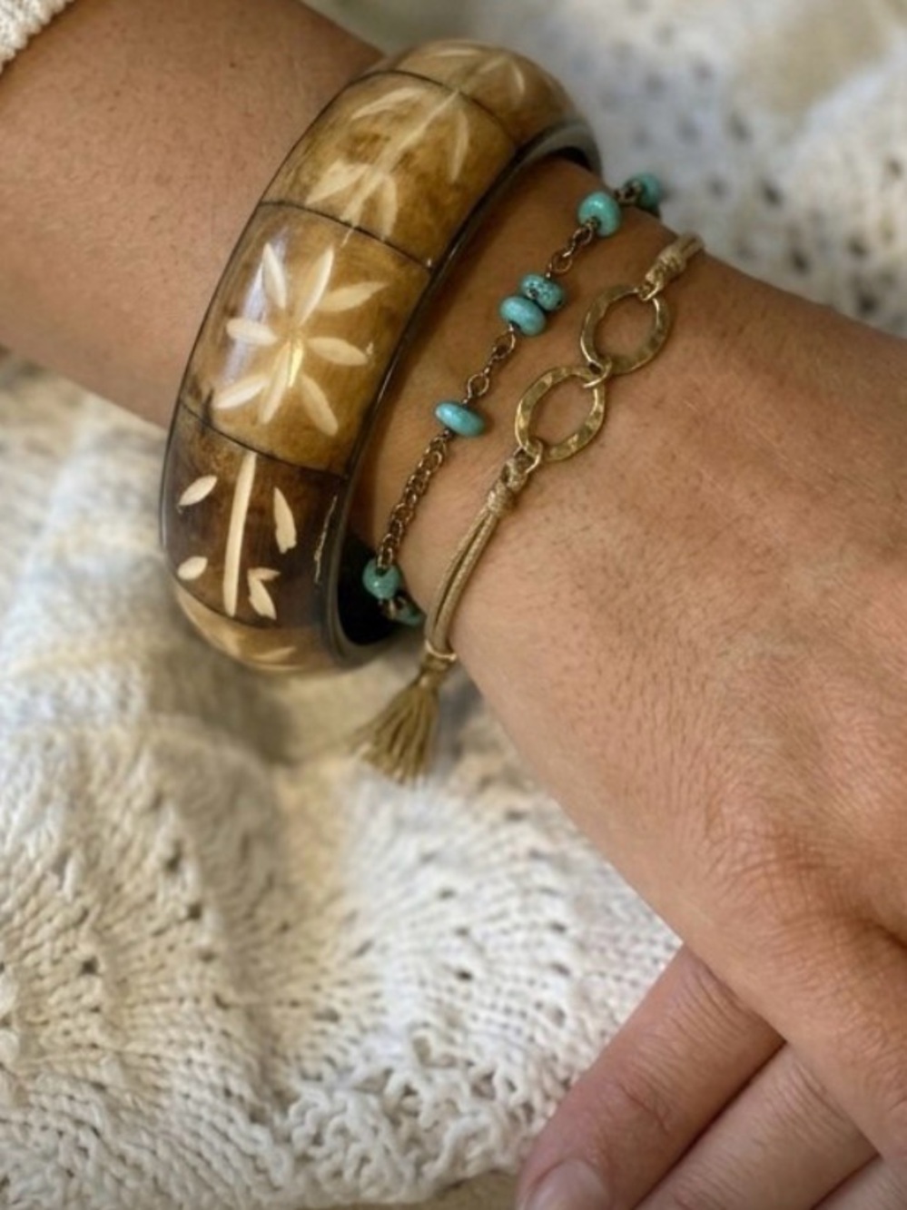 VTG Hand-carved Bone/resin Bangle Brass Bracelet Boho Hippy Chunky Tribal